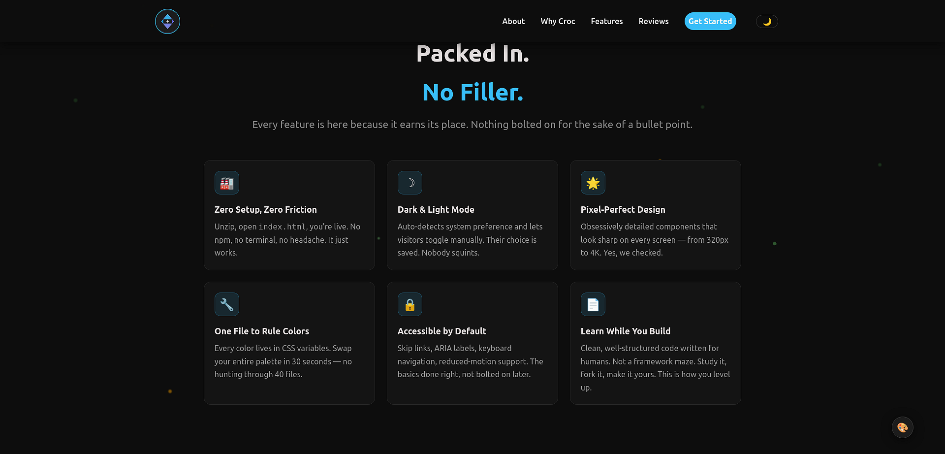 Packed In No Filler features section